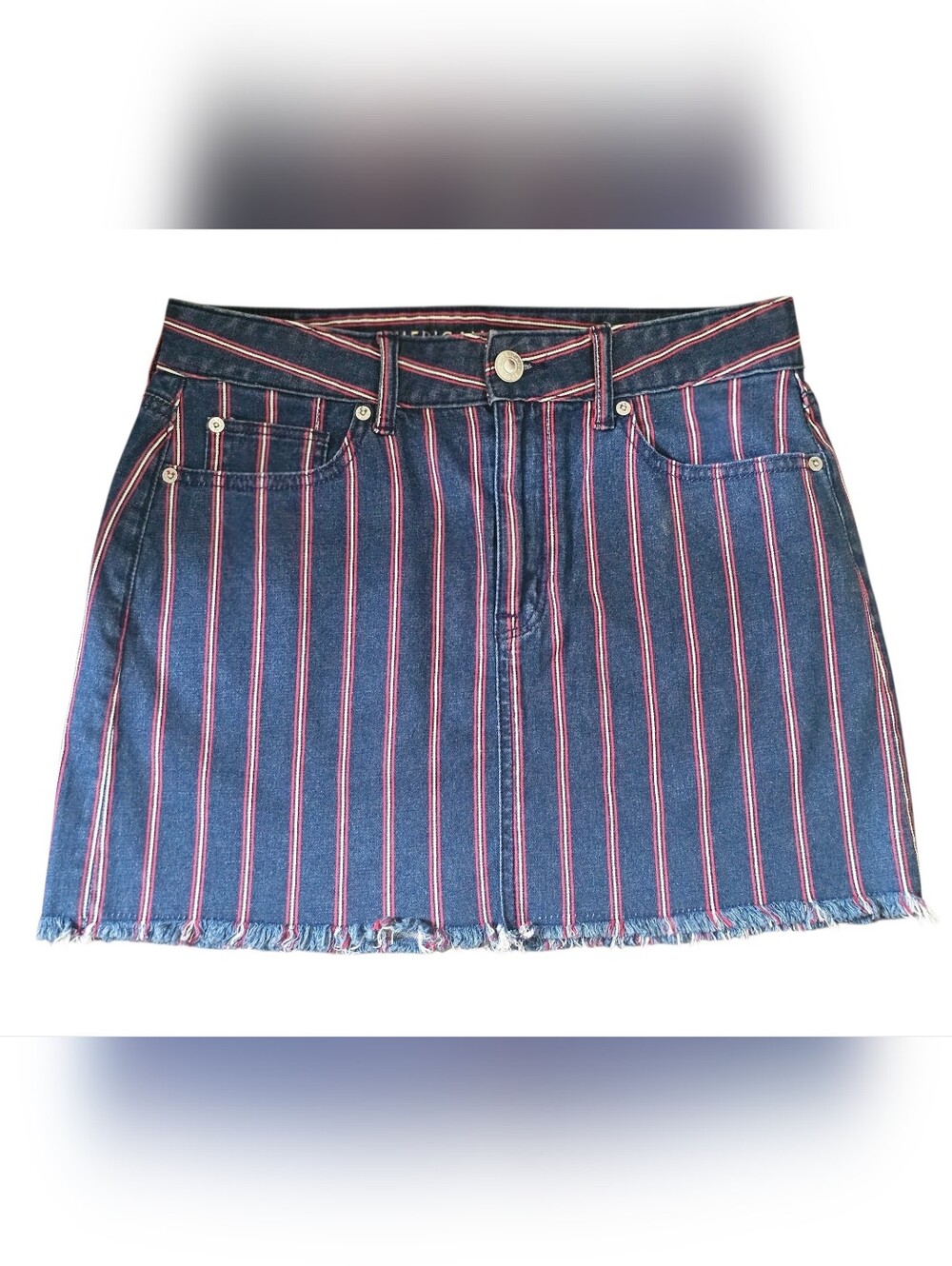 American Eagle Outfitters Navy Denim Mini Skirt with Red Stripes Size 10
